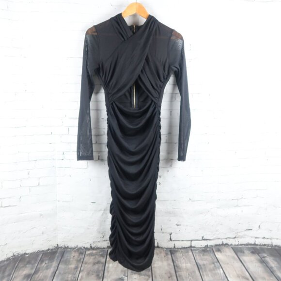 SHINESTAR BLACK HIGH NECK SHEER CRISS CROSS FRONT LONG SLEEVE RUCHED DRESS NWT - Picture 1 of 13
